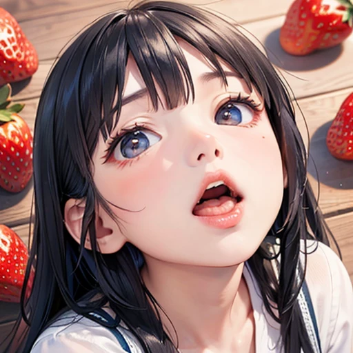 Beautiful girl opens her mouth wide and sucks strawberry with condensed milk、(Looking into the camera、look up:1.5)、