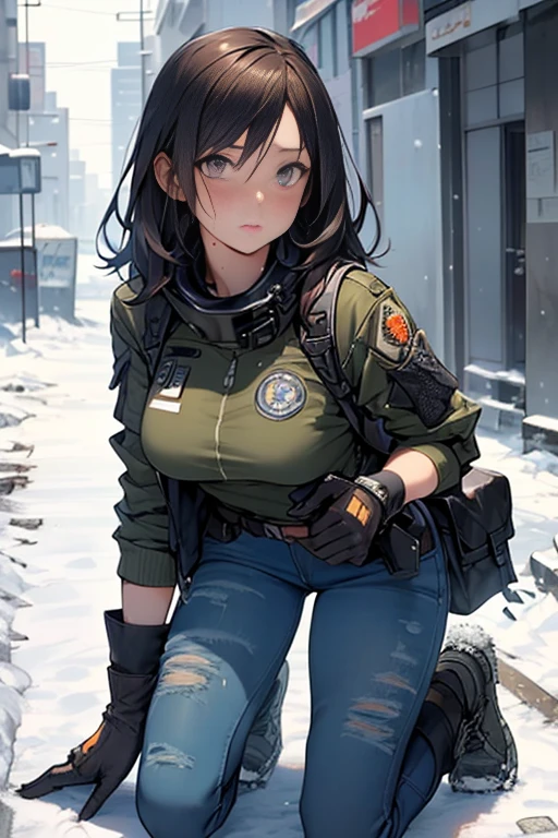 realisitic, full body shot shot, fot, Tom Clancy's The Division, military woman, short dark brown hair, military mercenary outfit in urban camouflage colors consisting of black denim combat pants and t-shirt and camouflage winter jacket and an arafat around the neck and head and military gloves, armed, gun on waist, huge automatic rifle in hand, military backpack on the back with found items,  Bigger bust, Athletic, grimy, sweaty hair, no-makeup, perfect body proportions, beautiful and dangerous, appealing, kneeling and hiding behind a wrecked car, aiming with a rifle at the enemy,  A closed and contaminated winter in New York, deserted and snowy streets, icy, an apocalyptic vision of a snowy world dominated by a virus, 8k, ultradetailed, hiper-realisitic, shallow depth of view, woman focus, Snowy scenery