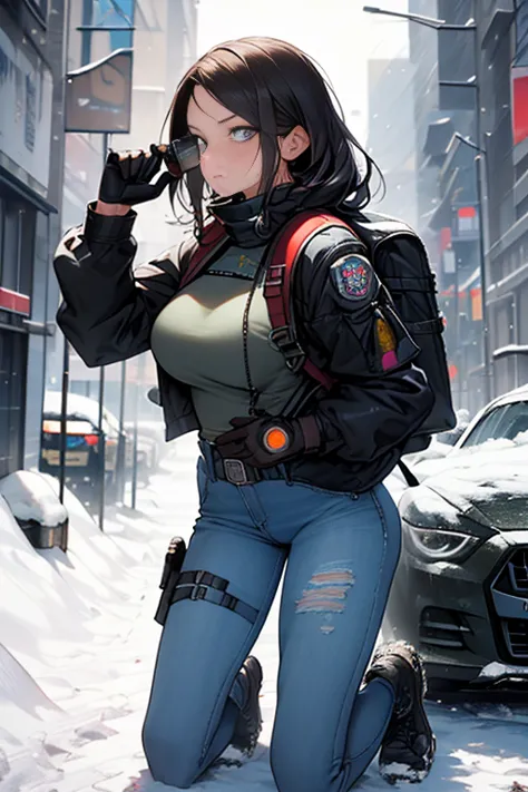 realisitic, full body shot shot, fot, tom clancy's the division, military woman, short dark brown hair, military mercenary outfi...