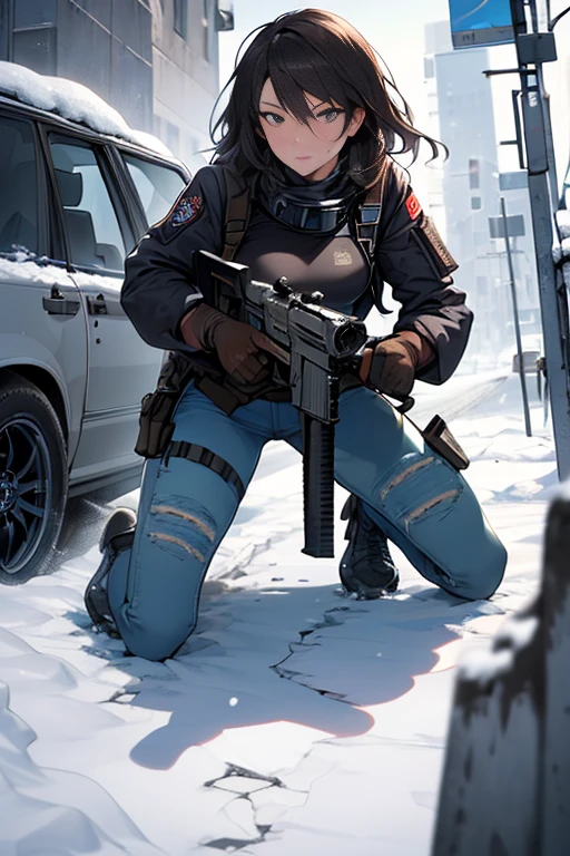 realisitic, full body shot shot, fot, Tom Clancy's The Division, military woman, short dark brown hair, military mercenary outfit in urban camouflage colors consisting of black denim combat pants and t-shirt and camouflage winter jacket and an arafat around the neck and head and military gloves, armed, gun on waist, huge automatic rifle in hand, military backpack on the back with found items,  Bigger bust, Athletic, grimy, sweaty hair, no-makeup, perfect body proportions, beautiful and dangerous, appealing, kneeling and hiding behind a wrecked car, aiming with a rifle at the enemy,  A closed and contaminated winter in New York, deserted and snowy streets, icy, an apocalyptic vision of a snowy world dominated by a virus, 8k, ultradetailed, hiper-realisitic, shallow depth of view, woman focus, Snowy scenery