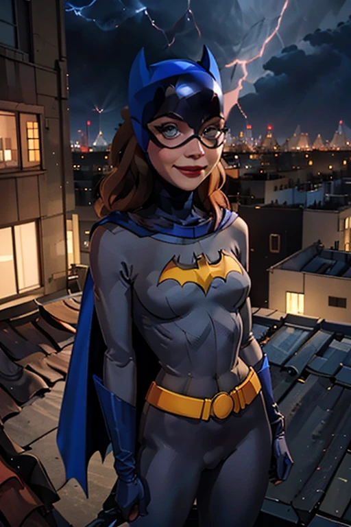 Barbara, Batgirl, red hair, blue eyes, gray bodysuit, belt, cape, gloves, looking at viewer, smiling, outside, apartment roof, cityscape, oncoming storm in the background, extreme detail, hdr, beautiful quality