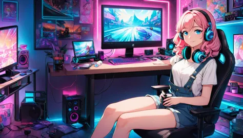 a vibrant, cozy lofi scene featuring a young girl with long, wavy pink hair, sitting in a stylish gamer chair. her striking blue...