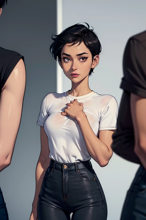 ((ultra quality)), ((masterpiece)), Lois Lane, short stature, ((black short hair tomboy hairstyle)), (Beautiful face), (beautiful female lips), (), charming, ((sexy facial expression)), looks at the camera, eyes slightly open, (light skin color), (light skin), glare on the body, ((detailed beautiful female eyes)), ((dark grey eyes)), (juicy female lips), (dark makeup, dark eyeliner, dark lipstick), (beautiful female hands), ((ideal female figure)), ideal female body, beautiful waist, gorgeous thighs, beautiful small breasts, ((subtle and beautiful)), sexy worth (), (White shirt, Black jeans) background: office, ((depth of field)), ((high quality clear image)), (clear details), ((high detail)), realistically, professional photo session, ((Clear Focus)), anime