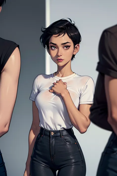 ((ultra quality)), ((masterpiece)), lois lane, short stature, ((black short hair tomboy hairstyle)), (beautiful face), (beautifu...