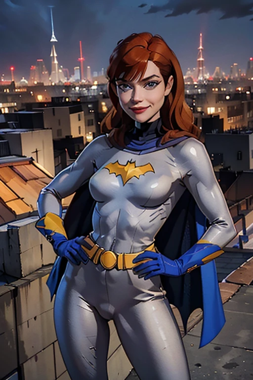 babs, red hair, blue eyes, gray bodysuit, belt, cape, yellow gloves, looking at viewer, smiling, hands on hips, outside, apartment roof, cityscape, overcast skies, extreme detail, hdr, beautiful quality