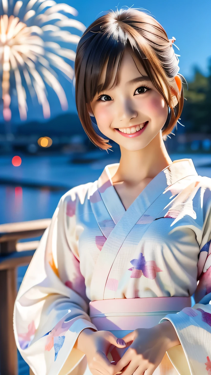 （Japanese girl), Complete Hand,Cute Face, Complete Hand,(Deeply chiseled face:0.7), (freckles:0.6), Soft Light,Healthy white skin,whole body, shy, (Serious face), thin, smile, ,Shy expression,,Bobcut,(Flat Chest,), (Sparkling eyes), thin, smile, (((Cross-eyes Yukata Yukata))),((whole body,middle School girls)),Behind you(((firework,Night Sky))),
