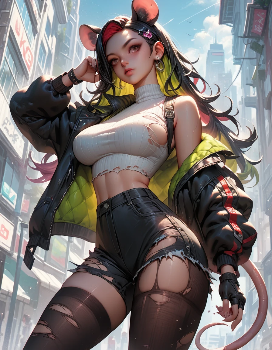 score_9, score_8_up, score_7_up, score_6_up, score_5_up, 1girl, jane doe, solo, rat ears, black hair, torn clothes, fingerless gloves, jacket, shorts, pantyhose, thighhighs, multicolored hair, curvy, large breasts, city,
