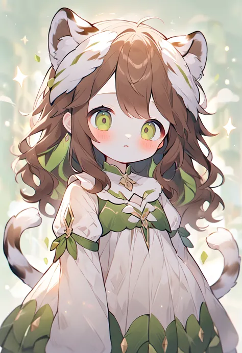 soft woman, messy wavy brown hair, side bangs, olhos verdes suaves, white tiger ears on head, white tiger tail, soft expression,...