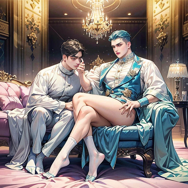 
full body view, two young obese fat chubby white european gay handsome different boys with fashion undercut haircuts, inflated silicones lips, wearing crystal blue fashion outfits, white fine thin sheer ruffle socks, no shoes, lots of jewelery, decorated nails, horny on a pink fluffy couch in luxurious parisian hype-fashioned appartment, their sheer socks must be seen, large view on room
