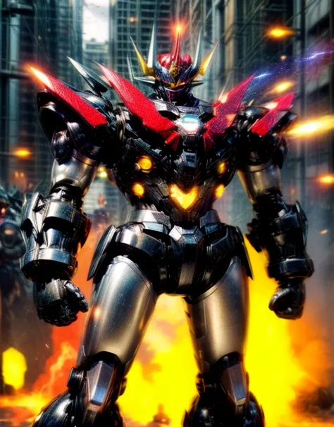 humanoid mech, Fully enclosed shoulder guards, Matching arm and leg guards, whole body, Full Armor, Super Robot, A design that combines solidity and agility, (The color scheme is mainly white.、Comes with red and blue accents。, the concept Inspired by Super Robot, Lion concept chest armor, Pause, Are standing, Floating above a futuristic sci-fi city), Exquisite and mature art style, (Aura effect, energy, Glowing Eyes, The armor shines), ((ＳＲＳ)), metallic, dramatic, High resolution, Highest quality, High resolution, Very detailed, Ultra-fine painting, Very delicate, Professional, 完璧なボディProfessionalポーション, Anatomically correct, Symmetrical face, Very detailed目と顔, High quality eyes, creativity, RAW Photos, 超High resolution, 32K, Natural light, Cinema Lighting, masterpiece-anatomy-perfect, masterpiece:1.5