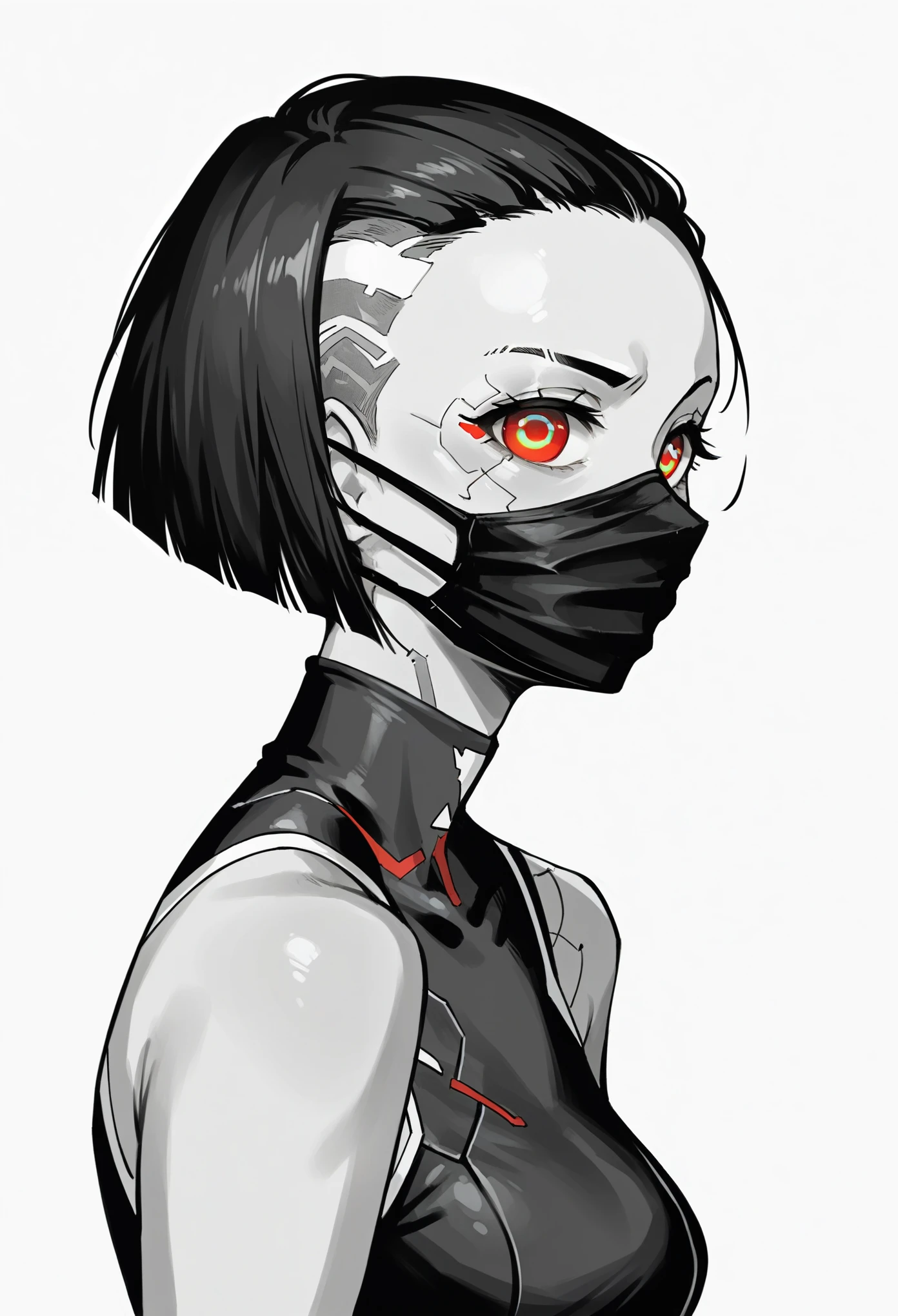 score_9, score_8_up, score_7_up, score_6_up, score_5_up, score_4_up, BREAK source_anime, black and white, greyscale, simple background, 1 girl, solo, detailed eyes, red eyes, cyberpunk ninja girl,  face mask, side view