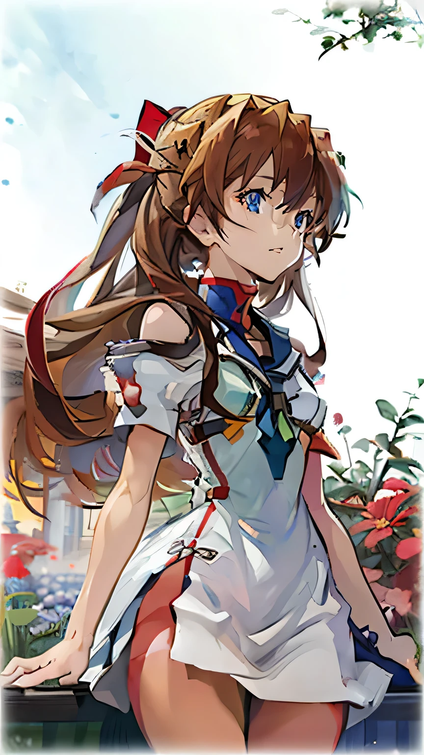 1girl, solo, bed of flowers, asuka langley soryu, (souryuu asuka langley:1.2), long hair, bangs, blue eyes, brown hair, hair ornament, broad hips, thick thighs, anime masterpiece, soft lighting, intricate, highly detailed, pixiv, anime art, 4k,  garden of words style art, high quality, pastel water colors, watercolor anime art style, 