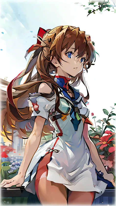 1girl, solo, bed of flowers, asuka langley soryu, (souryuu asuka langley:1.2), long hair, bangs, blue eyes, brown hair, hair orn...