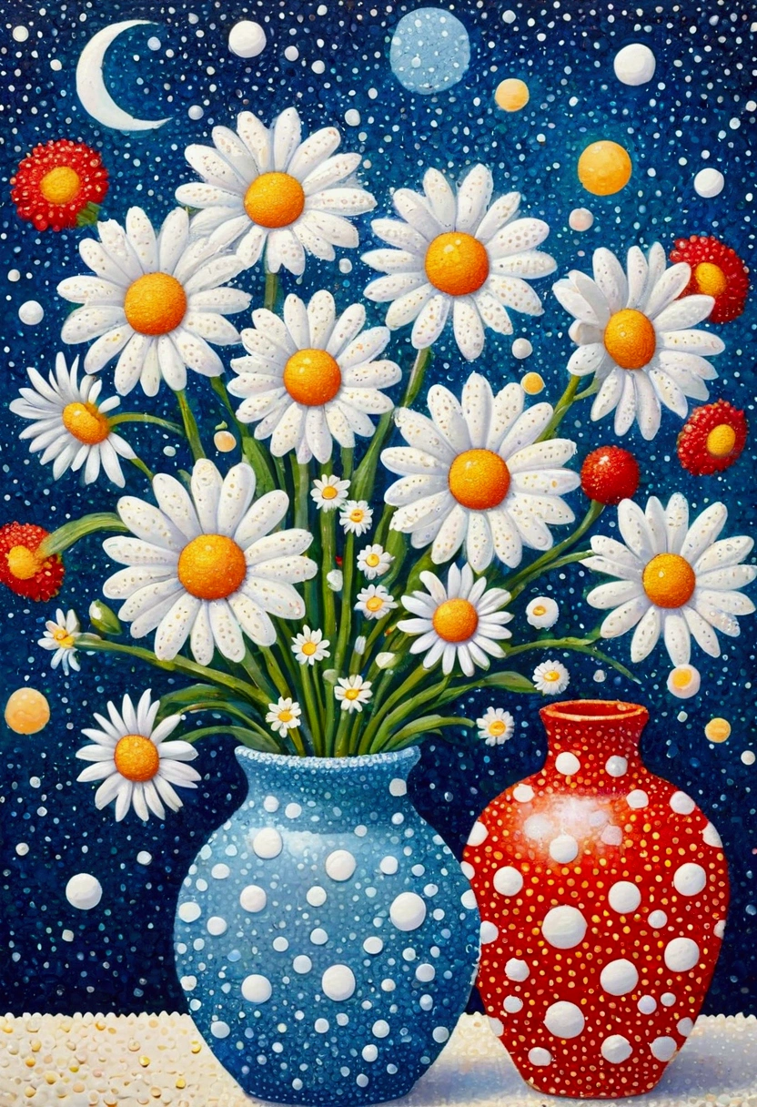 Pointillism method，Dot，Smooth lines, White polka dot pattern， Abstract Style, Blue vase with white bubbles, Polka dot vase, Red Polka Dot Vase, White daisy, daisy, Red flowers, Starry night background,  Playful arrangement, Decorative Arts, Bright and cheerful, Active atmosphere