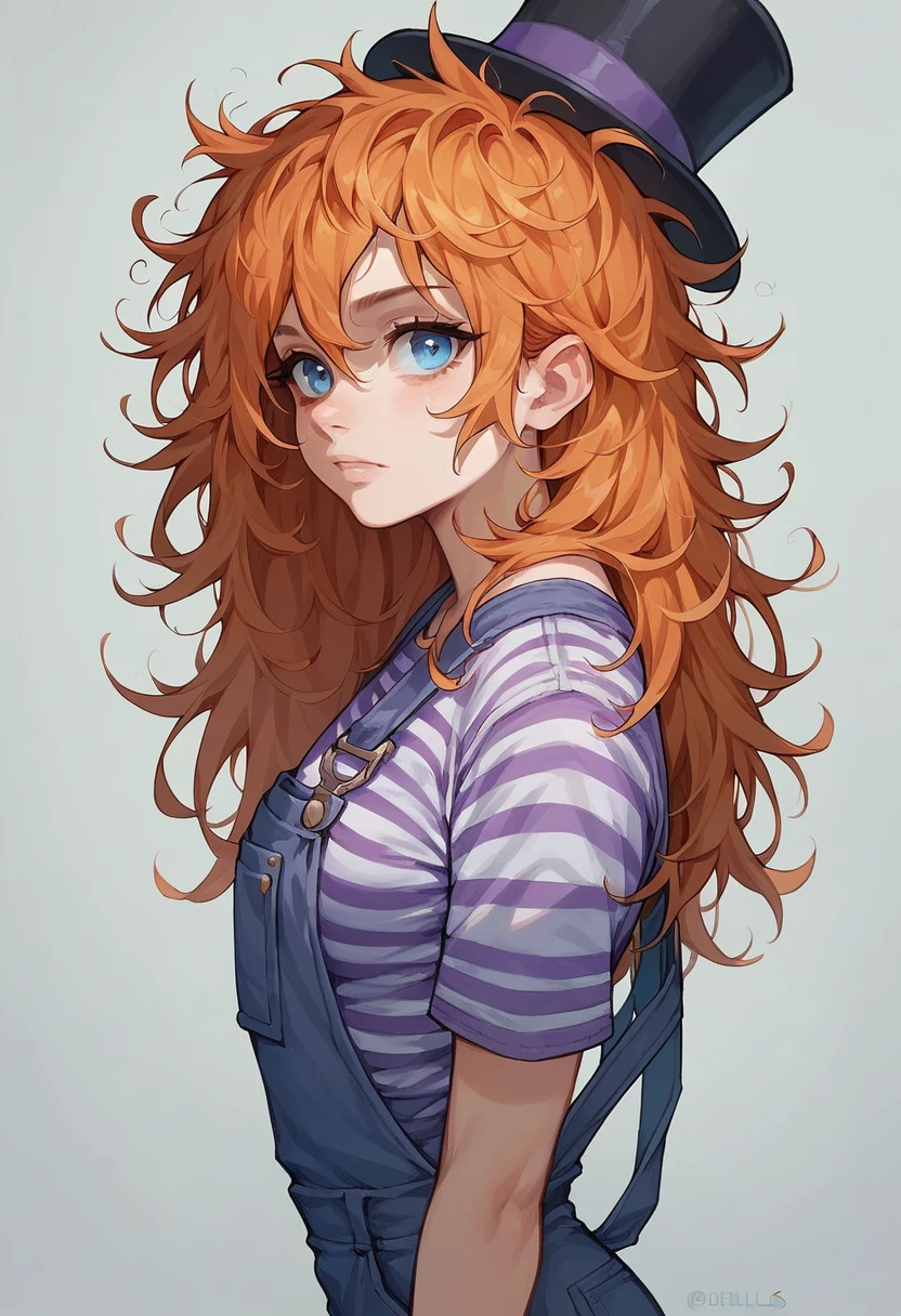 1girls, (orange hair, messy hair, icy-blue eyes, purple top hat, grey-and-white striped blouse, purple overalls, black plimsolls) (concerned expression, side view, looking at viewer)