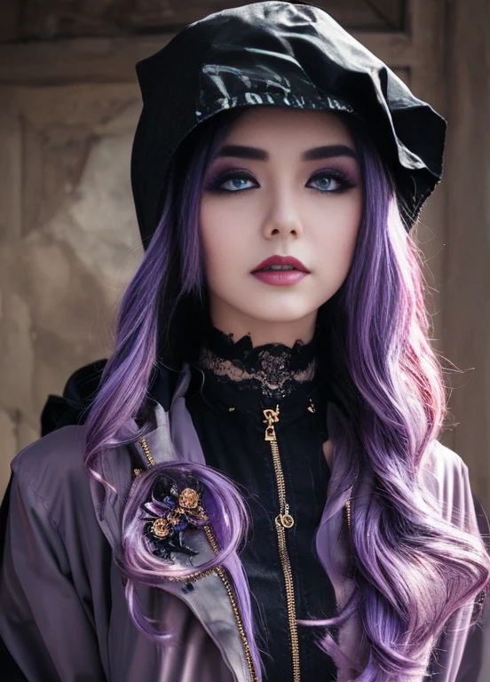 ((sand漠, sand, sand丘, Refraction effect, sun)), (masterpiece, Highest quality), (One girl), (alone), ((Portraiture)), Perfect Face, ((Heterochromia iridis, Blonde and purple hair, ((Red long parka)), Gothic unnecessary belts are everywhere, Mole under the eye)), the background is a beautiful sand漠 with cactus, Tumbleweed, Cinematic Light, sunny day, Dramatic lighting, Super detailed, 8k, watercolor, Dainty, delicate (Gothic Lace, Gothic Rose, Goth aesthetic)