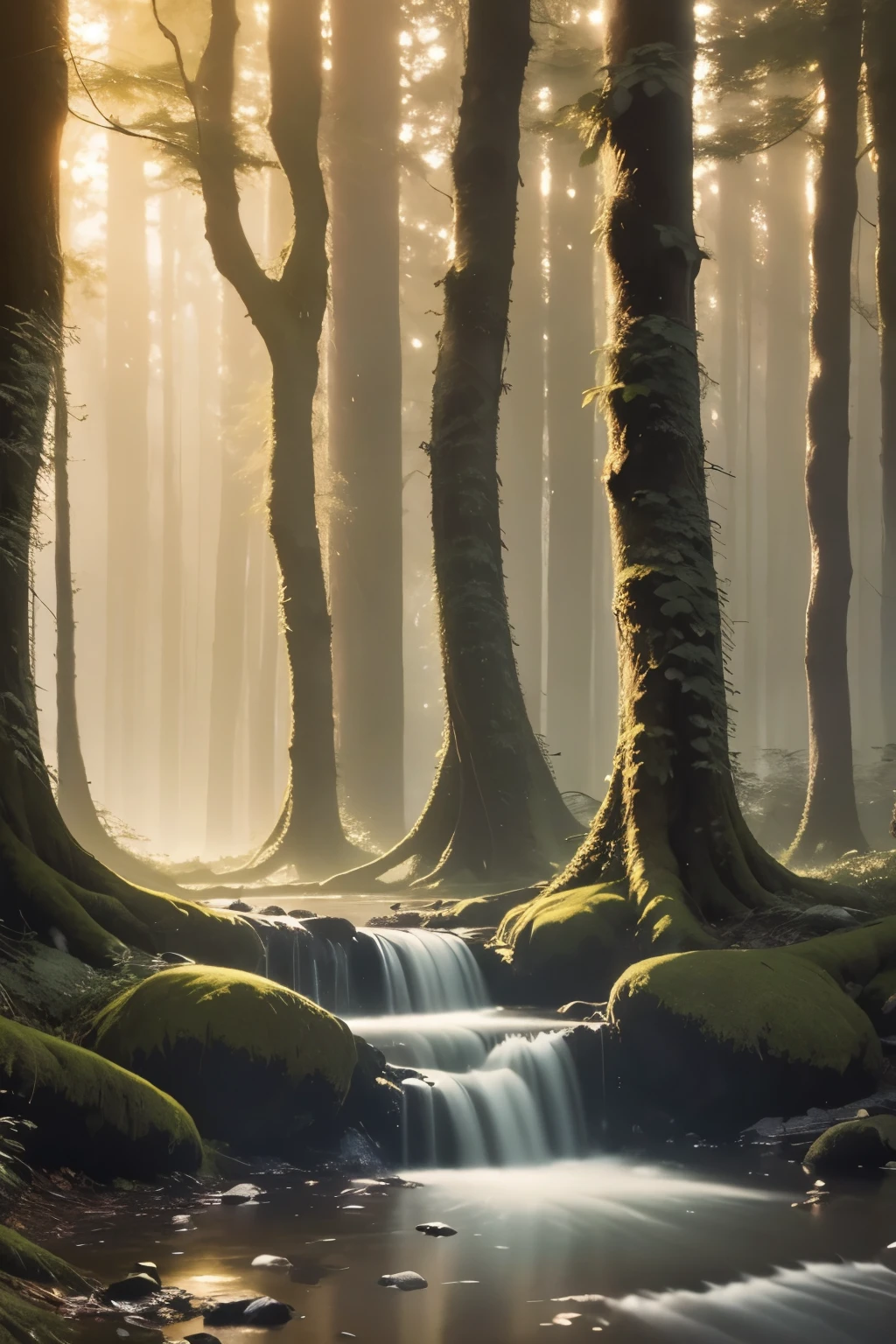 Create an awe-inspiring digital artwork that captures the serene beauty of an ancient forest at twilight. The scene should feature towering trees bathed in soft, golden light filtering through the foliage, casting gentle shadows on the lush undergrowth. The image should evoke a sense of tranquility and wonder, inviting viewers to immerse themselves in the enchanting realm of nature.