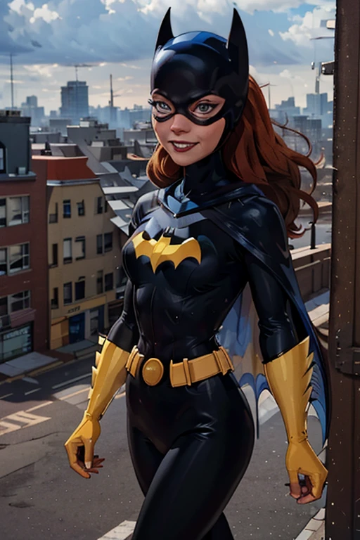 Barbara, Batgirl, red hair, blue eyes, gray bodysuit, belt, cape, gloves, looking at viewer, smiling, outside, apartment roof, cityscape, cloudy, daytime, extreme detail, hdr, beautiful quality