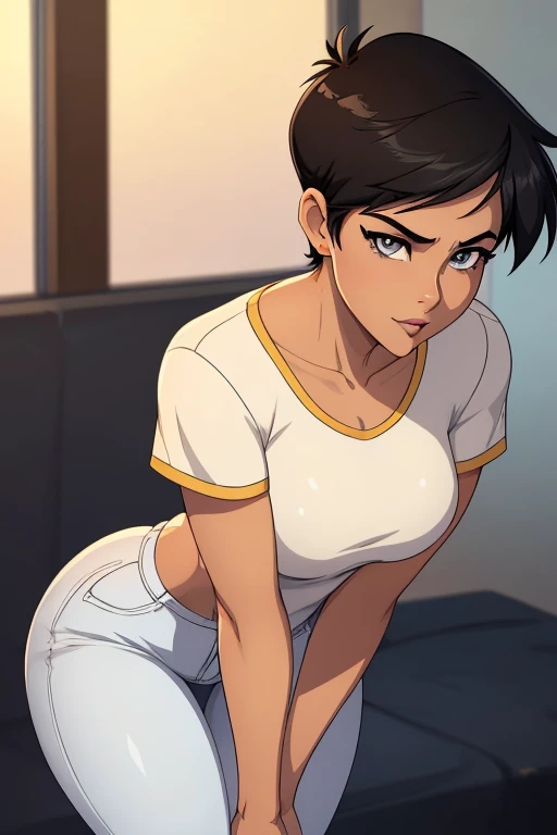 ((ultra quality)), ((masterpiece)), Lois Lane, short stature, ((black short hair tomboy hairstyle)), (Beautiful face), (beautiful female lips), (), charming, ((sexy facial expression)), looks at the camera, eyes slightly open, (light skin color), (light skin), glare on the body, ((detailed beautiful female eyes)), ((grey eyes)), (juicy female lips), (dark makeup, dark eyeliner, dark lipstick), (beautiful female hands), ((ideal female figure)), ideal female body, beautiful waist, gorgeous thighs, beautiful small breasts, ((subtle and beautiful)), sexy worth (), (White shirt, white jeans) ((depth of field)), ((high quality clear image)), (clear details), ((high detail)), realistically, professional photo session, ((Clear Focus)), anime