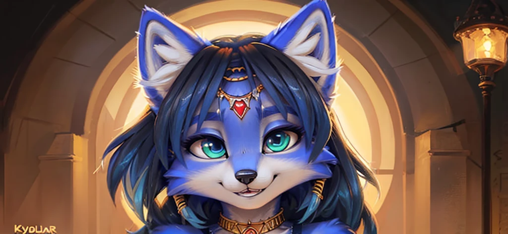 A beautiful and detailed (sweet portrait) wa ((krystal)), Star Fox Krystal, sslim, lovable, green eyes, medium breasts, (((Long blue hair 1.3))),  ((black hair tips)), Decollete, grin, look up,, anthro, furry, Uploaded E621, detailed fluffy fur, (wa Fluff-Kevlar, Bayard Wu, personalize me, Pino Daeni), detailed face, (fluffy), 1 girl, alone,  Tribal clothing, sweet girl, alone, wears a magician&#39;s robe 
