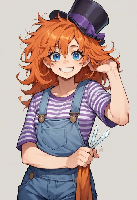 1girls, (orange hair, messy hair, icy-blue eyes, purple top hat, grey-and-white striped blouse, purple overalls, black plimsolls...