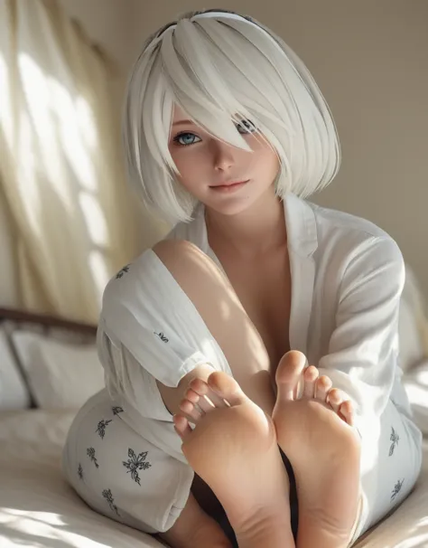 cinematic photo yorha2b,looking at viewer,sunny day,smirking,pajamas, bedroom . 35mm photograph, film, bokeh, professional, 4k, ...