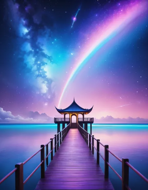 fantasy pier under the stars、a pier made of sky and rainbows in space、seven-colored pier、dramatic skyscape、detailed stars and ga...