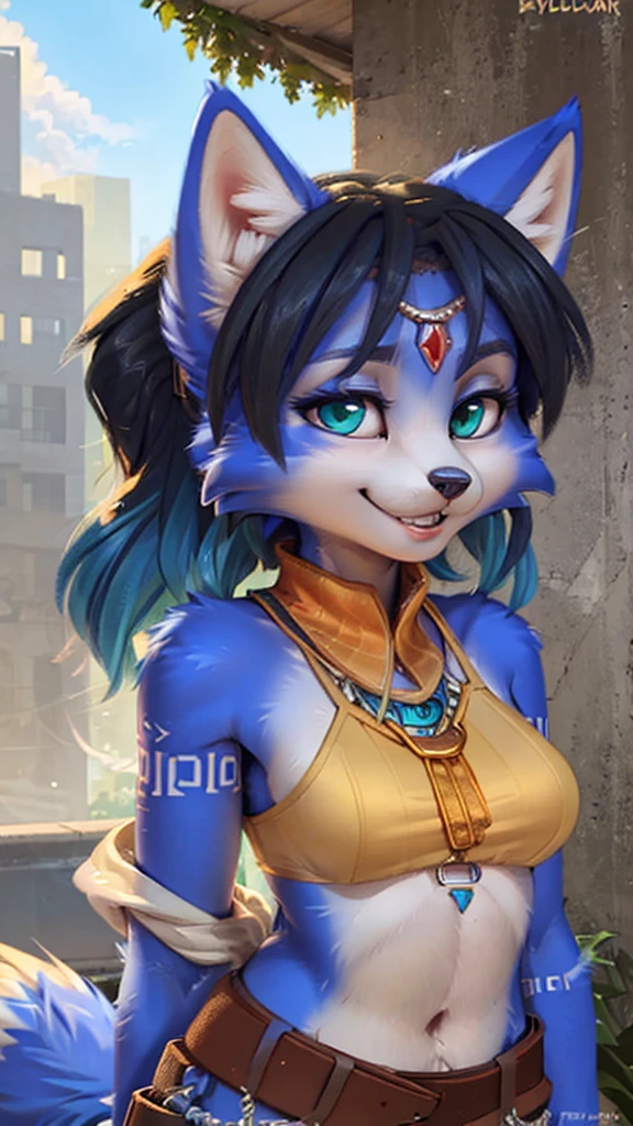 A beautiful and detailed (sweet portrait) wa ((krystal)), Star Fox Krystal, sslim, lovable, green eyes, medium breasts, (((Long blue hair 1.3))),  ((black hair tips)), Decollete, grin, look up,, anthro, furry, Uploaded E621, detailed fluffy fur, (wa Fluff-Kevlar, Bayard Wu, personalize me, Pino Daeni), detailed face, (fluffy), 1 girl, alone,  Tribal clothing, sweet girl, 
