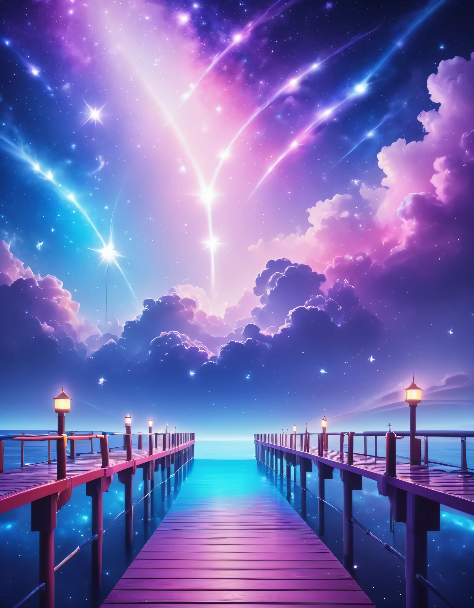 Fantasy pier under the stars、A pier made of sky and rainbows in space、Seven-colored pier、Dramatic skyscape、Detailed stars and galaxies、Magical atmosphere、Bright colors、Shining Light、Graceful、Mysterious、Cinematic、Intricate details、Fantasy art、Fantasy Illustration、Super fine、8k、High resolution、Highest quality、masterpiece:1.4