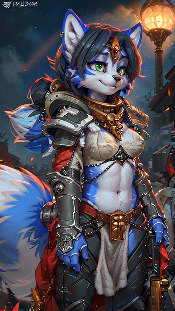 A beautiful and detailed (sweet portrait) wa ((krystal)), Star Fox Krystal, sslim, lovable, green eyes, medium breasts, (((Long blue hair 1.3))),  ((black hair tips)), Decollete, grin, look up,, anthro, furry, Uploaded E621, detailed fluffy fur, (wa Fluff-Kevlar, Bayard Wu, personalize me, Pino Daeni), detailed face, (fluffy), 1 girl, alone, alone, Warhammer 40K Sisters of Battle in Armour
