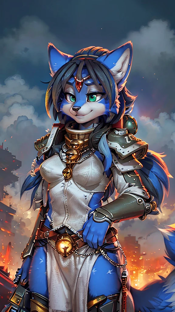 A beautiful and detailed (sweet portrait) wa ((krystal)), Star Fox Krystal, sslim, lovable, green eyes, medium breasts, (((Long blue hair 1.3))),  ((black hair tips)), Decollete, grin, look up,, anthro, furry, Uploaded E621, detailed fluffy fur, (wa Fluff-Kevlar, Bayard Wu, personalize me, Pino Daeni), detailed face, (fluffy), 1 girl, alone, alone, Warhammer 40K Sisters of Battle in Armour
