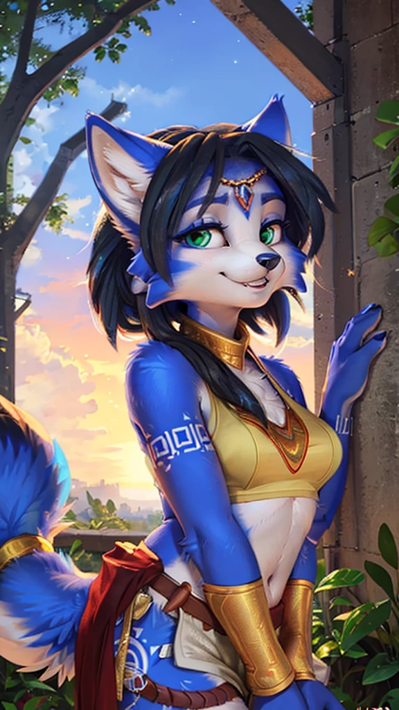 A beautiful and detailed (sweet portrait) wa ((krystal)), Star Fox Krystal, sslim, lovable, green eyes, medium breasts, (((Long blue hair 1.3))),  ((black hair tips)), Decollete, grin, look up,, anthro, furry, Uploaded E621, detailed fluffy fur, (wa Fluff-Kevlar, Bayard Wu, personalize me, Pino Daeni), detailed face, (fluffy), 1 girl, alone,  Tribal clothing, sweet girl, 
