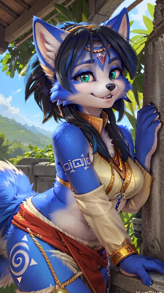 A beautiful and detailed (sweet portrait) wa ((krystal)), Star Fox Krystal, sslim, lovable, green eyes, medium breasts, (((Long blue hair 1.3))),  ((black hair tips)), Decollete, grin, look up,, anthro, furry, Uploaded E621, detailed fluffy fur, (wa Fluff-Kevlar, Bayard Wu, personalize me, Pino Daeni), detailed face, (fluffy), 1 girl, alone,  Tribal clothing, sweet girl, 
