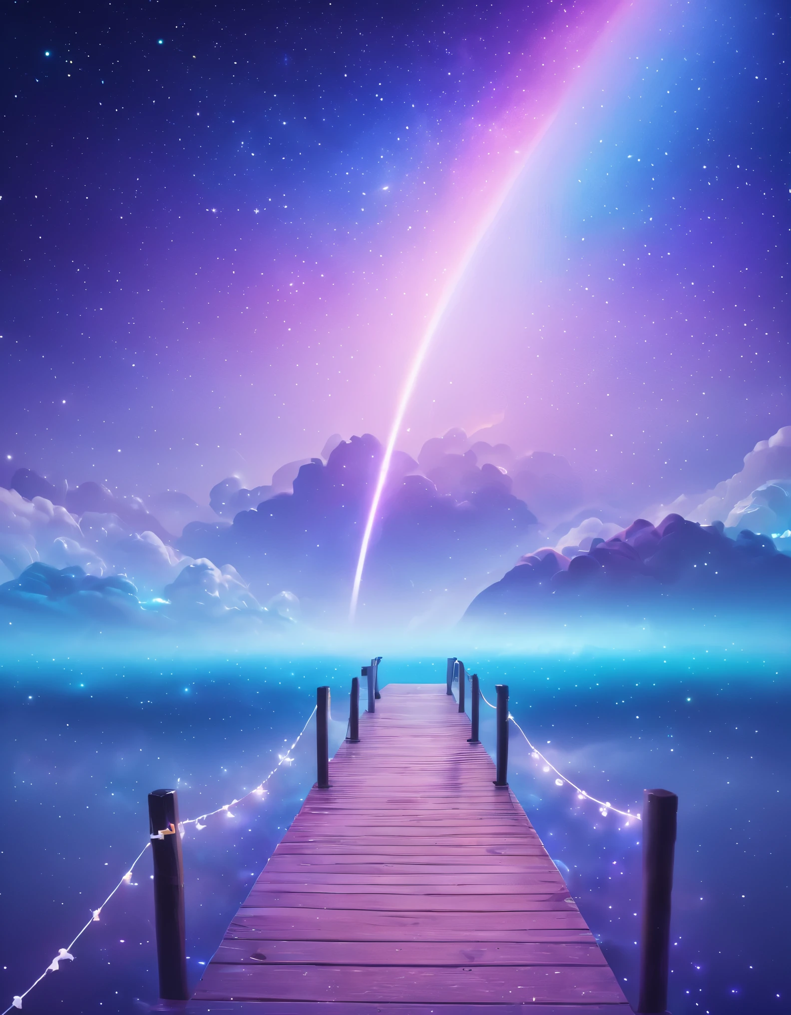 Fantasy pier under the stars、A pier made of sky and rainbows in space、Seven-colored pier、Dramatic skyscape、Detailed stars and galaxies、Magical atmosphere、Bright colors、Shining Light、Graceful、Mysterious、Cinematic、Intricate details、Fantasy art、Fantasy Illustration、Super fine、8k、High resolution、Highest quality、masterpiece:1.4