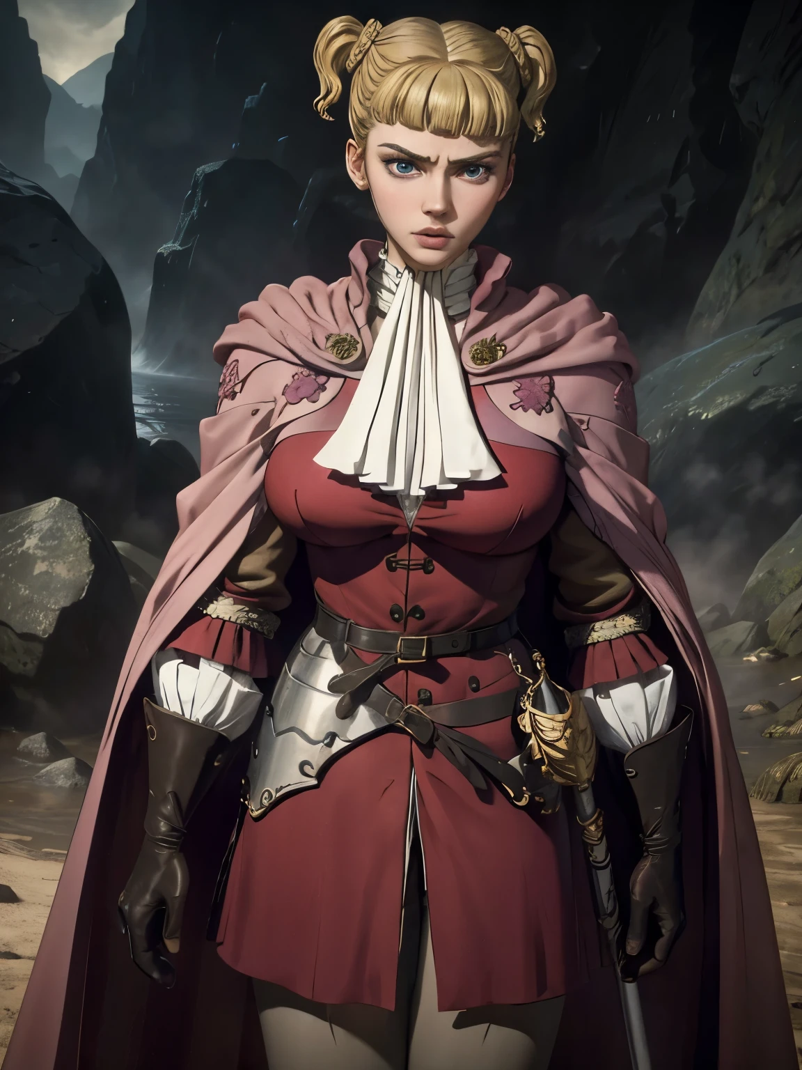 (masterpiece, Best Quality:1.2), 8K, ultra High res, cinematic lighting, professional lighting, realistic portrait of Farnese de Vandimion - ファルネーゼ・ド・ヴァンディミオン (Berserk), 1girl in, solo, (blonde hair:1.1, bob cut Hair, twintails), (farnejour, cloak, ascot, red shirt, long sleeves, gloves, belt, pants, boots), ultra huge natural breasts, ultra huge boob, ultra huge tits, ultra huge cleavages, Detailed face, Detailed skin texture, in the ultra realistic deep cave, in the ultra detailed deep cave, huge and wide cave, dark atmosphere, standing, full body shot, close up angle, zoom up angle, 