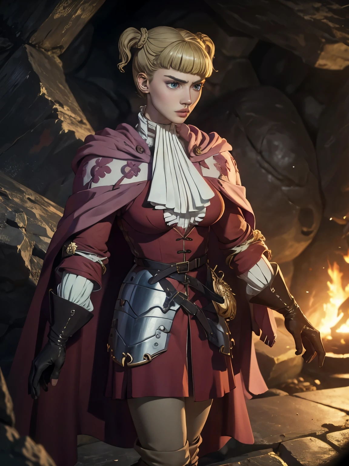 (masterpiece, Best Quality:1.2), 8K, ultra High res, cinematic lighting, professional lighting, realistic portrait of Farnese de Vandimion - ファルネーゼ・ド・ヴァンディミオン (Berserk), 1girl in, solo, (blonde hair:1.1, bob cut Hair, twintails), (farnejour, cloak, ascot, red shirt, long sleeves, gloves, belt, pants, boots), ultra huge natural breasts, ultra huge boob, ultra huge tits, ultra huge cleavages, Detailed face, Detailed skin texture, in the ultra realistic deep cave, in the ultra detailed deep cave, huge and wide cave, dark atmosphere, standing, full body shot, close up angle, zoom up angle, 