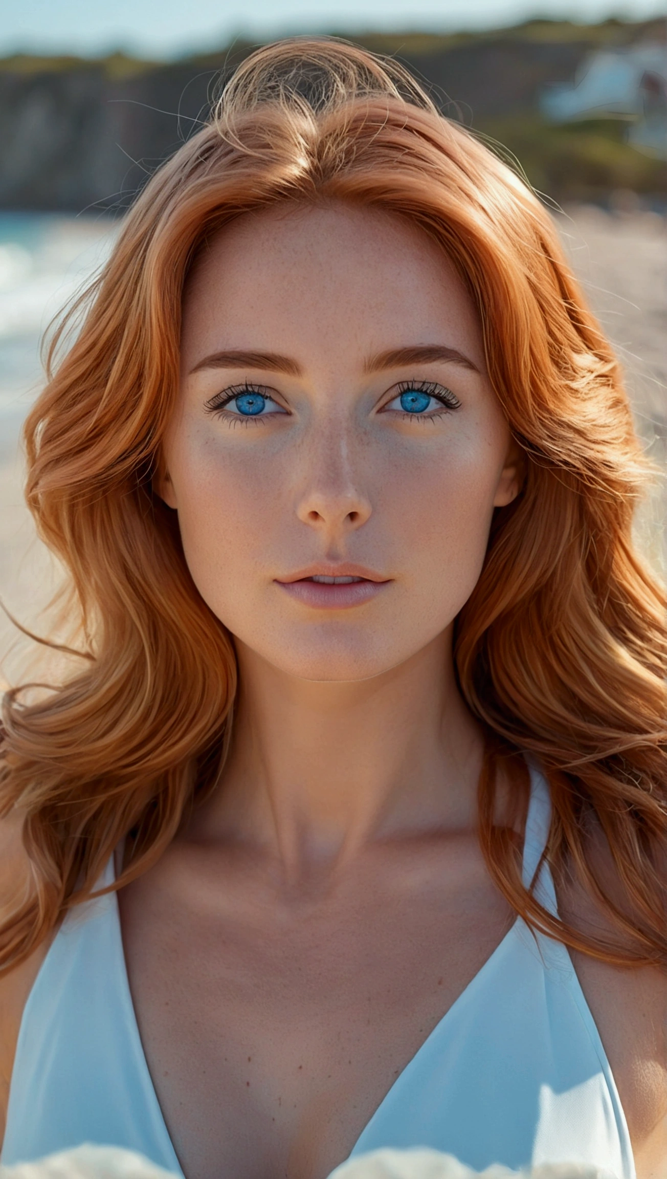 stunning full body portrait of a gorgeous woman with copper-colored hair, blue eyes, fair skin, wearing a sexy short white microdress. There is a beach behind her, She looks calm and beautiful. 