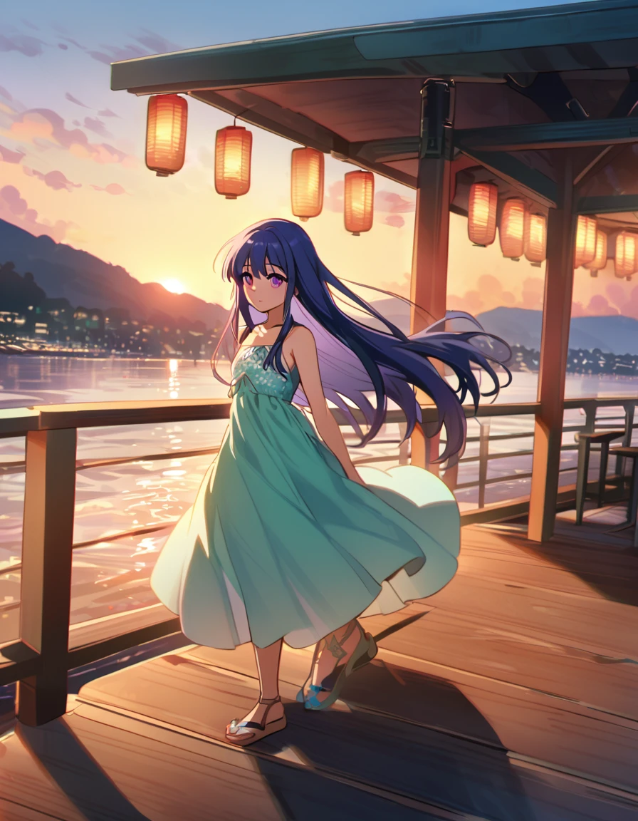 夏のPier, (Rich Pine), woman, alone, Long Hair, Blue Hair, Purple eyes, green dress, , Flat Chest, sunset, Pier, The sun goes down, Vibrant red and orange sky,  Summer festival, Lantern light, Boeing