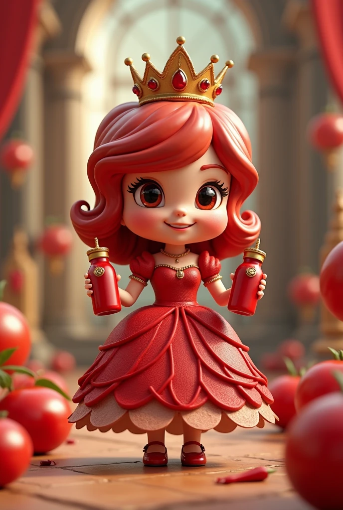 Menu {
Ketchup Princess
}

Ingredients {
Ketchup: Bright red, sauce-like.Tomato: Red and round, ketchup base.Red: Main color, vivid.Food: Healthy vegetable.Sour: Light sourness.Sauce: Thick texture.Princess: Elegant character in a gorgeous dress.Cute: Adorable 3D chibi figure style.Dress: Bright red ketchup image.Princess: Royal elegance, tiara.Smile: Bright and cheerful smile.Happy: Fun atmosphere, overall positive impression.Crown: Ketchup bottle cap style tiara.Accessories: Dress decorated with red ribbons and small items.Castle: Royal background befitting a princess.
}

Spices {
Basil ribbon: Green ribbon accent, balance of color and scent.Paprika flare: Red paprika spice adds frilly feel to the dress.Cinnamon whisper: Gentle scent adds warmth to the whole.Pink pepper jewel: Spicy accent to dress or tiara.Rosemary tiara: A crown image with a refreshing scent.
}

How to make it {3D Chibi Figure Style.A princess character is expressed as a cute figure. She has big eyes and a rounded, deformed style. She wears a bright red dress with a ketchup motif, a tiara on her head, and a cheerful smile. She is posing with a ketchup bottle in each hand, standing against the backdrop of a castle.
}

Decoration {
Small tomatoes and ketchup bottles are scattered in the background to create a fantasy kitchen and castle scenery.The tiara and accessories on the dress have a glossy finish to emphasize the princess-like elegance.
}

Quality {
Attention to detail and attention to the expression of shine and shadow. The colors are vivid, emphasizing the three-dimensionality and roundness of a 3D chibi figure.The expressions on the characters' faces and hands are carefully crafted, and attention is also paid to the pose and balance.
}

Very good finish.