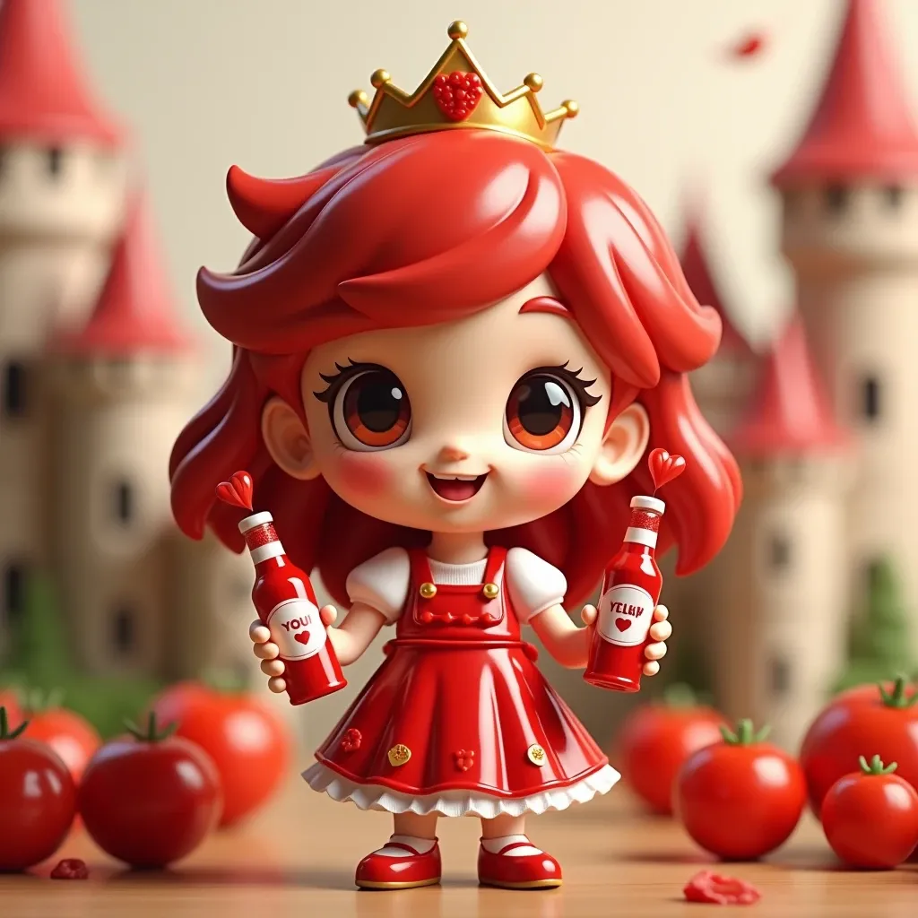 Menu {
Ketchup Princess
}

Ingredients {
Ketchup: Bright red, sauce-like.Tomato: Red and round, ketchup base.Red: Main color, vivid.Food: Healthy vegetable.Sour: Light sourness.Sauce: Thick texture.Princess: Elegant character in a gorgeous dress.Cute: Adorable 3D chibi figure style.Dress: Bright red ketchup image.Princess: Royal elegance, tiara.Smile: Bright and cheerful smile.Happy: Fun atmosphere, overall positive impression.Crown: Ketchup bottle cap style tiara.Accessories: Dress decorated with red ribbons and small items.Castle: Royal background befitting a princess.
}

Spices {
Basil ribbon: Green ribbon accent, balance of color and scent.Paprika flare: Red paprika spice adds frilly feel to the dress.Cinnamon whisper: Gentle scent adds warmth to the whole.Pink pepper jewel: Spicy accent to dress or tiara.Rosemary tiara: A crown image with a refreshing scent.
}

How to make it {3D Chibi Figure Style.A princess character is expressed as a cute figure. She has big eyes and a rounded, deformed style. She wears a bright red dress with a ketchup motif, a tiara on her head, and a cheerful smile. She is posing with a ketchup bottle in each hand, standing against the backdrop of a castle.
}

Decoration {
Small tomatoes and ketchup bottles are scattered in the background to create a fantasy kitchen and castle scenery.The tiara and accessories on the dress have a glossy finish to emphasize the princess-like elegance.
}

Quality {
Attention to detail and attention to the expression of shine and shadow. The colors are vivid, emphasizing the three-dimensionality and roundness of a 3D chibi figure.The expressions on the characters' faces and hands are carefully crafted, and attention is also paid to the pose and balance.
}

Very good finish.