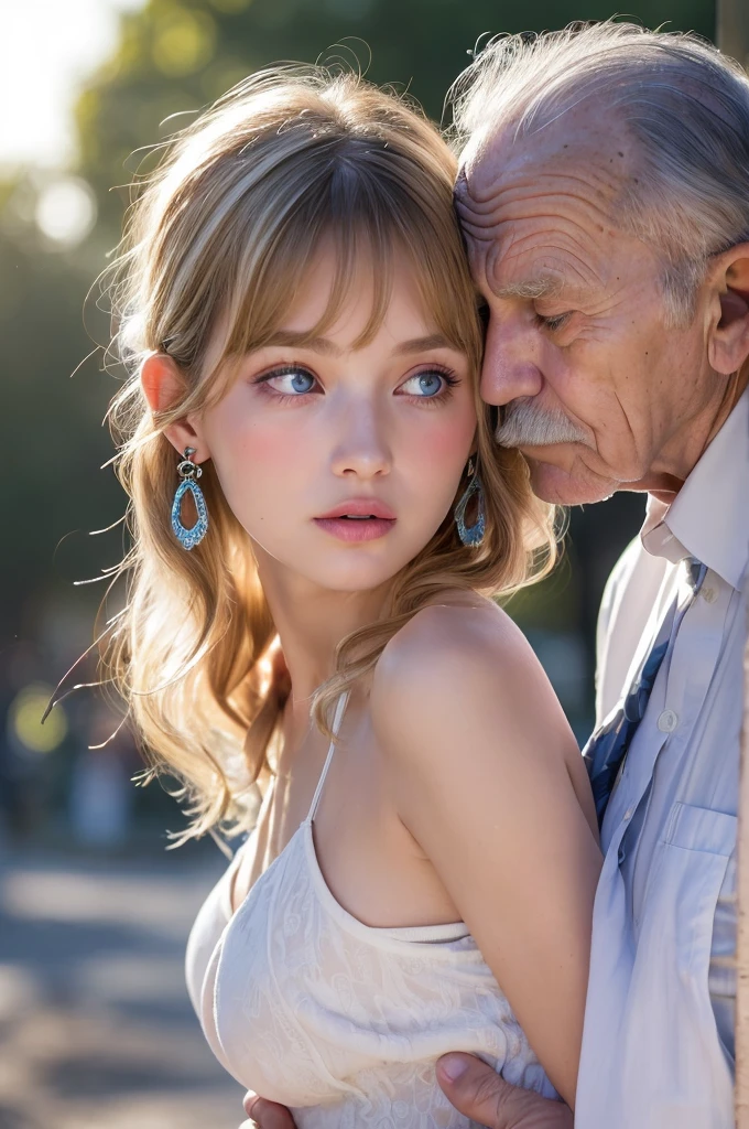 ((Highest quality)), ((masterpiece)), (High-definition photos), (1 old man, 1 young girl:1.4),  (drill hair), (spiral curl), kissing from behind,  (long blonde), (bangs),  (Beautiful young girl and her father:1.3), gal, long, Light eyeshadow, (earrings), during, (pointy breasts:1.3), covered nipples, armpit,  white dress, (snowy white skin), (Blushed:1.3), upper body, ((Embarrassing)), Half-open mouth, Shiny skin、elbow groves, wetty lips, Thin eyebrows、(Blue eyes:1.1),  (old man is sniffing girl from behind:1.4), Warm sunlight, canopy
