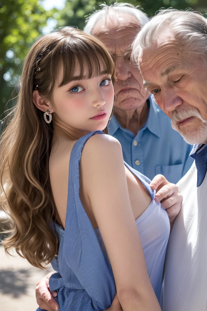 ((Highest quality)), ((masterpiece)), (High-definition photos), (1 old man, 1 young girl:1.4),  (drill hair), (spiral curl), kissing from behind,  (long blonde), (bangs),  (Beautiful young girl and her father:1.3), gal, long, Light eyeshadow, (earrings), during, (pointy breasts:1.3), covered nipples, armpit,  white dress, (snowy white skin), (Blushed:1.3), upper body, ((Embarrassing)), Half-open mouth, Shiny skin、elbow groves, wetty lips, Thin eyebrows、(Blue eyes:1.1),  (old man is sniffing girl from behind:1.4), Warm sunlight, canopy
