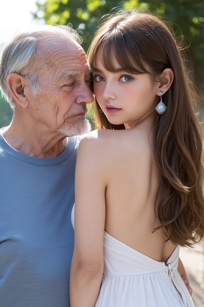 ((Highest quality)), ((masterpiece)), (High-definition photos), (1 old man, 1 young girl:1.4),  (drill hair), (spiral curl), kissing from behind,  (long blonde), (bangs),  (Beautiful young girl and her father:1.3), gal, long, Light eyeshadow, (earrings), during, (pointy breasts:1.3), covered nipples, armpit,  white dress, (snowy white skin), (Blushed:1.3), upper body, ((Embarrassing)), Half-open mouth, Shiny skin、elbow groves, wetty lips, Thin eyebrows、(Blue eyes:1.1),  (old man is sniffing girl from behind:1.4), Warm sunlight, canopy
