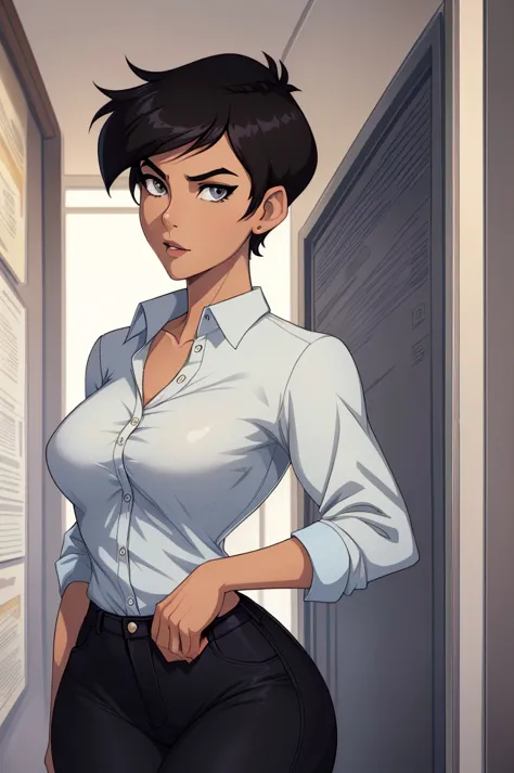 ((ultra quality)), ((masterpiece)), lois lane, short stature, ((black short hair tomboy hairstyle)), (beautiful face), (beautifu...