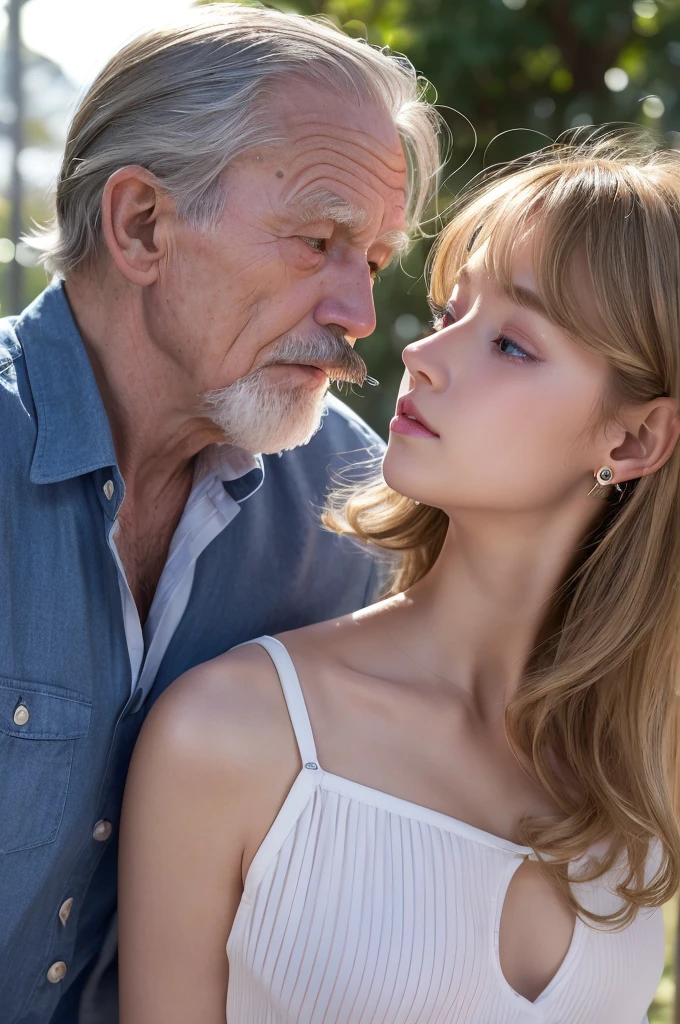 ((Highest quality)), ((masterpiece)), (High-definition photos), (1 old man, 1 young girl:1.4),  (drill hair), (spiral curl), kissing from behind,  (long blonde), (bangs),  (A beautiful young elementary school girl and her father:1.3), gal, long, Light eyeshadow, (earrings), during, (pointy breasts:1.3), covered nipples, armpit,  white dress, (snowy white skin), (Blushed:1.3), upper body, ((Embarrassing)), Half-open mouth, Shiny skin、elbow groves, wetty lips, Thin eyebrows、(Blue eyes:1.1),  (old man is sniffing girl from behind:1.4), Warm sunlight, canopy
