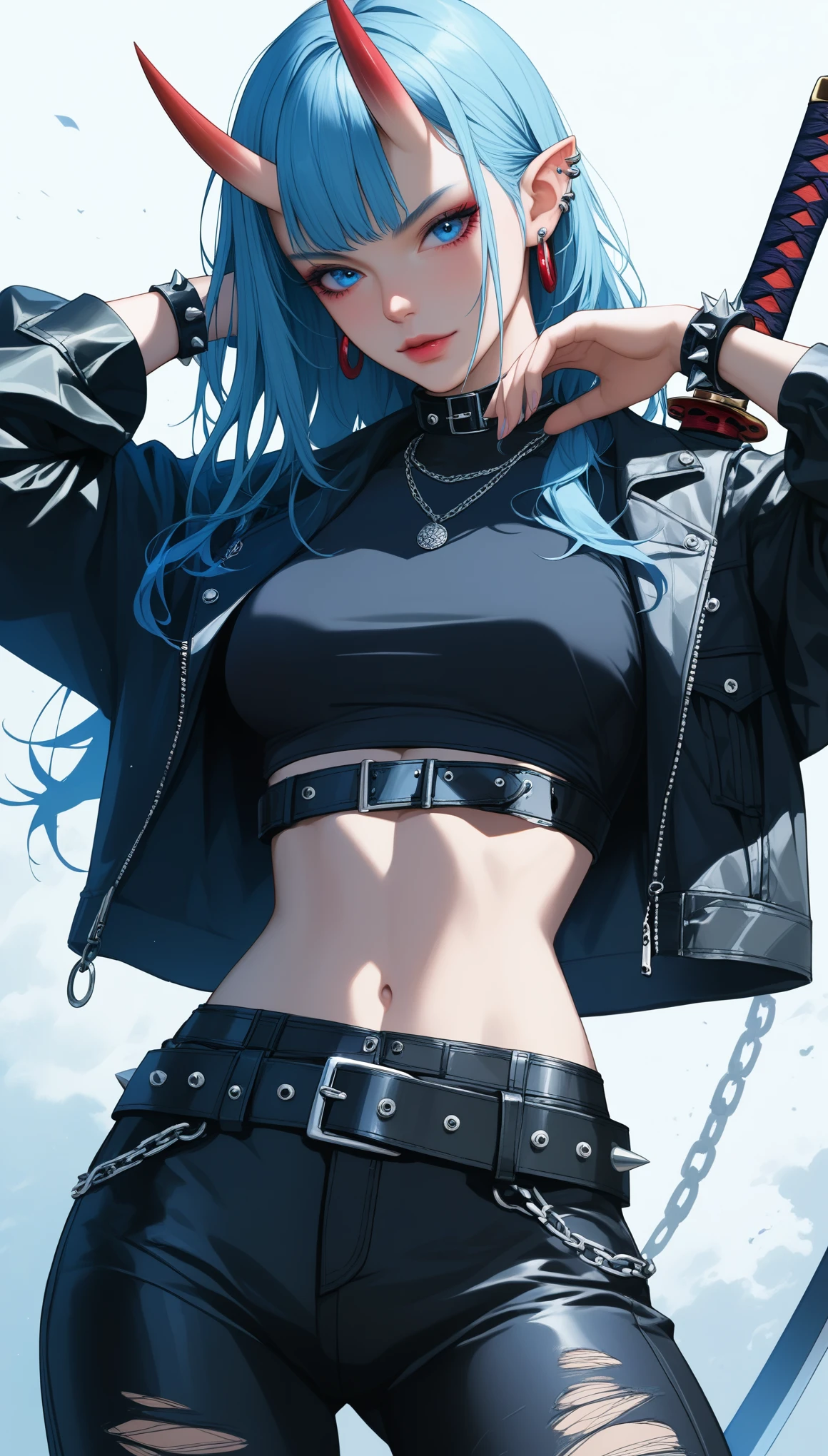 score_9, score_8_up, score_7_up, score_6_up, dark theme，sinozick style，
 p_ai_nori,original,highres,model_request,1girl,{arms_up:1.6},belt,belt buckle,black_belt,black_pants,black_shirt,blue_eyes,blue_hair,bracelet,buckle,chain,collar,contrapposto,cowboy_shot,cropped_jacket,demon horns,ear_piercing,earrings,{hands_in_own_hair:1.6},horns,leather_jacket,leather_pants,light_blue_hair,long_hair,looking_at_viewer,looking_down,necklace o-ring,oni,oni_horns,open_clothes,open_jacket,pants,piercing,pointy_ears,punk shirt,signature,detailed background,solo,spiked_bracelet,spikes,standing,studded_belt,tight,torn_clothes,very_long_hair,(gravure_pose:1.6),katana,katana practice