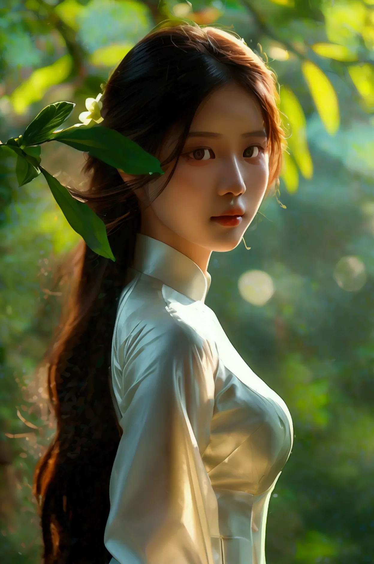 a beautiful young vietnamese girl wearing a traditional white ao dai dress, long dark hair, delicate facial features, serene exp...