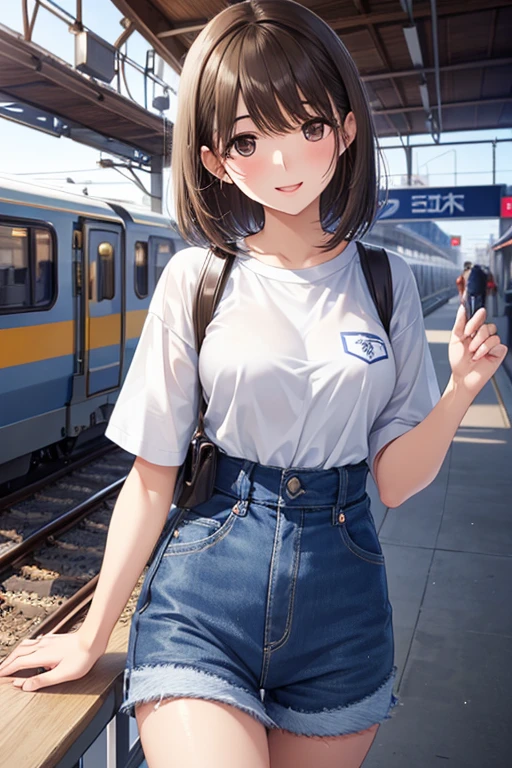 anegasaki nene、Shiny brown hair, short hair, (Beautiful brown eyes、Sparkling eyes, Fine grain)、smile、Ultra-detailed eyes、Very detailedな顔, Very detailedな目,Cowboy Shot、



Standing on the platform of the station、White T-shirt、Denim hot pants、With a smile that was so happy 
,(((Highest quality))),((Very detailed)),, (Mature Woman), High Speed Rail Track Platform、