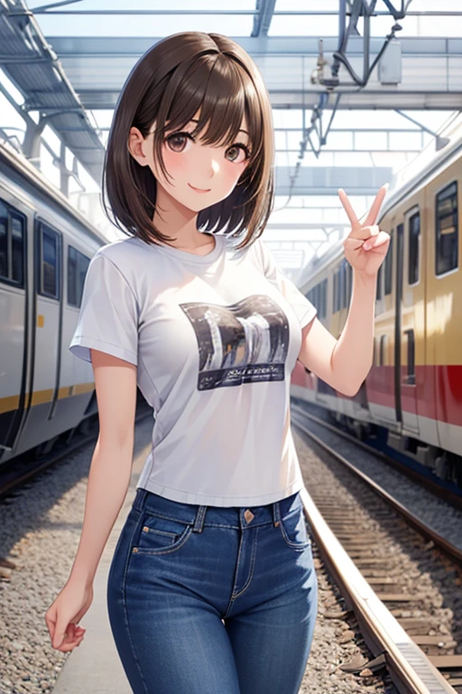 anegasaki nene、Shiny brown hair, short hair, (Beautiful brown eyes、Sparkling eyes, Fine grain)、smile、Ultra-detailed eyes、Very detailedな顔, Very detailedな目,Cowboy Shot、



Standing on the platform of the station、White T-shirt、Denim hot pants、With a smile that was so happy 
,(((Highest quality))),((Very detailed)),, (Mature Woman), High Speed Rail Track Platform、