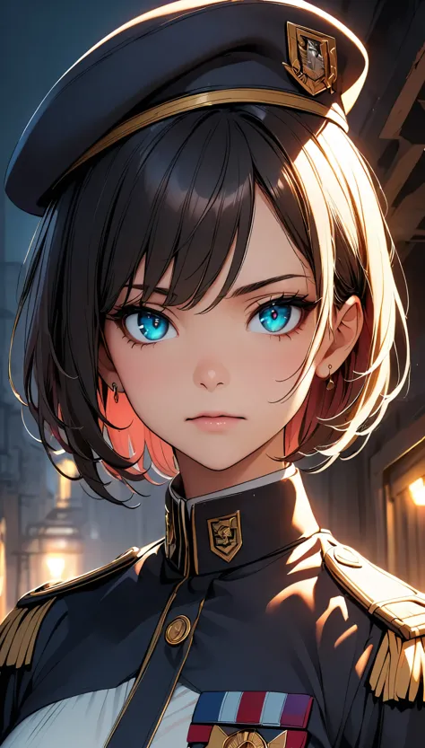 Female military officer in military uniform、Highly detailed portrait, Cinematic lighting, Dramatic atmosphere, High contrast, Cold colors, Sharp Focus, Chiaroscuro, stoic expression, Sharp Eyes, Military insignia, Epaulettes, Medals, Beautiful textures, Intricate details, Military beret, Military haircut, Strong jawline, Resolute look, Military Background, Military equipment, Rough, grim, powerful, A commanding presence.